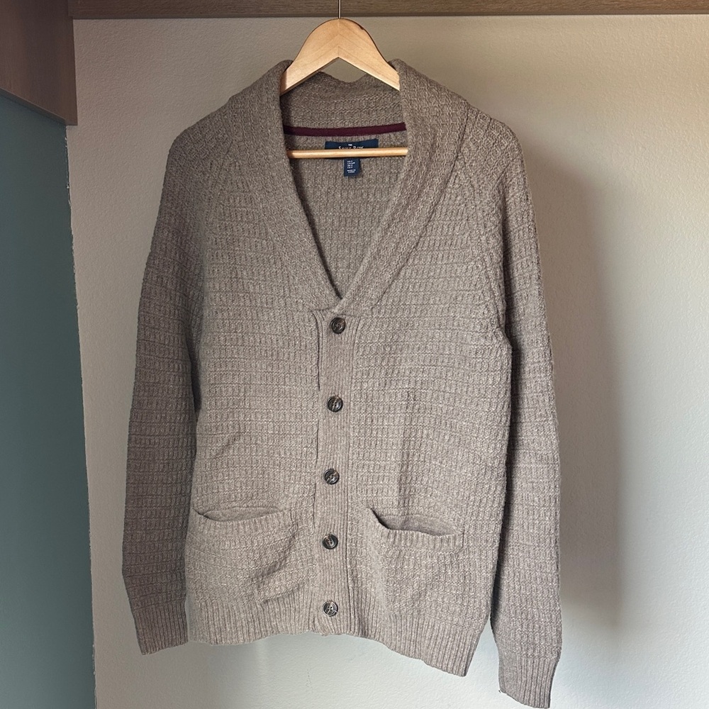 Savile Row Company Lambswool Blend Cardigan Sweater Small Brown Shawl Collar